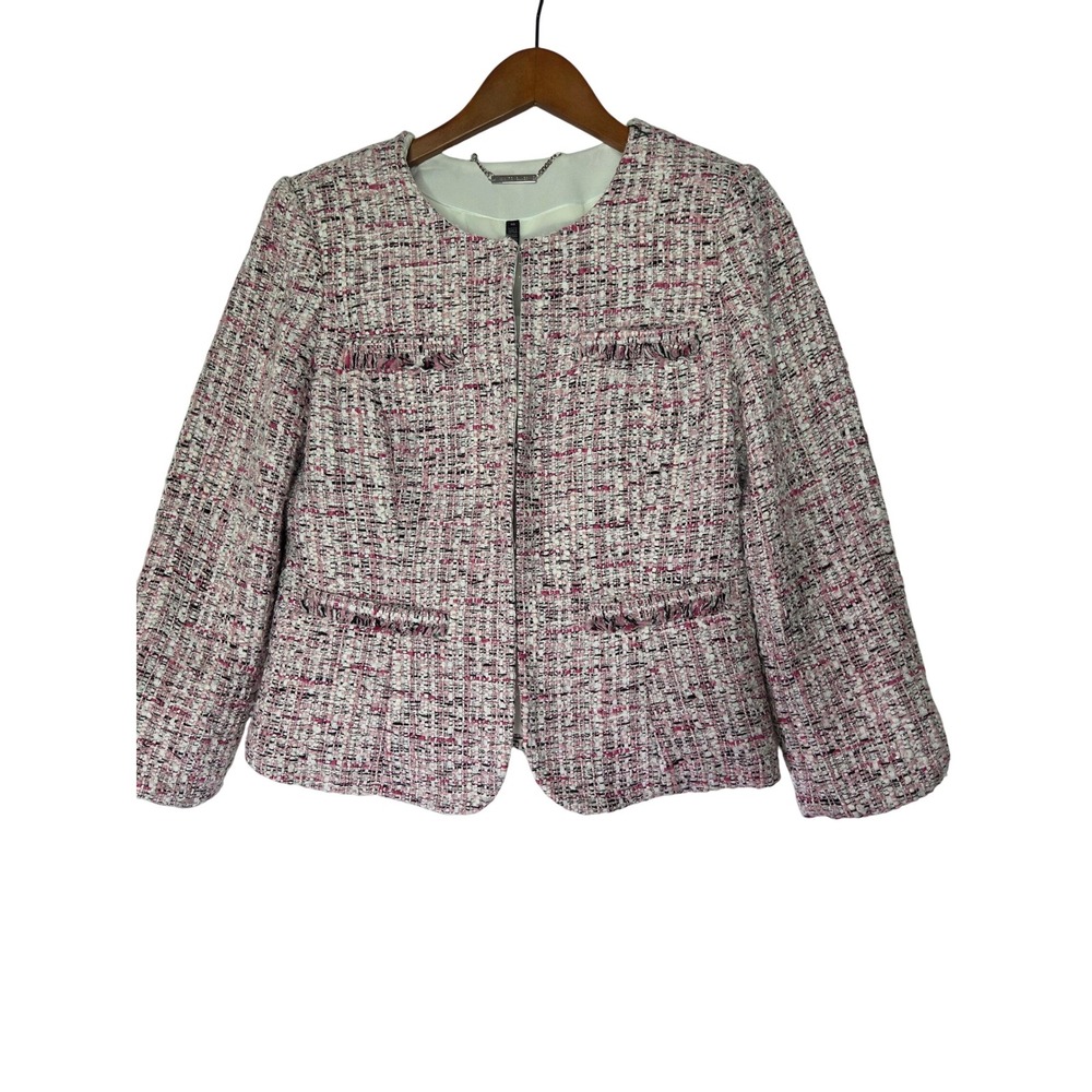 White House Black Market Pink Tweed Blazer‎ Jacket Cropped Collarless Size 10